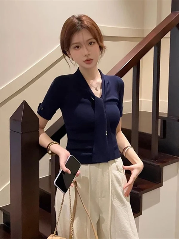 

Ele Ice Silk ort Sve футболка женская летняя облегающая пуловер с v-образным вырезом топ асимметричный для поездок на работу чистый цвет