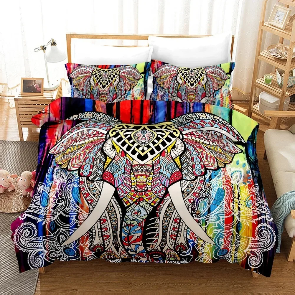 

Bohemian Elephant Duvet Cover Set Boho Tribal Exotic Polyester Comforter Cover for Men Women Kids 3D Elephant Life Tree Printed