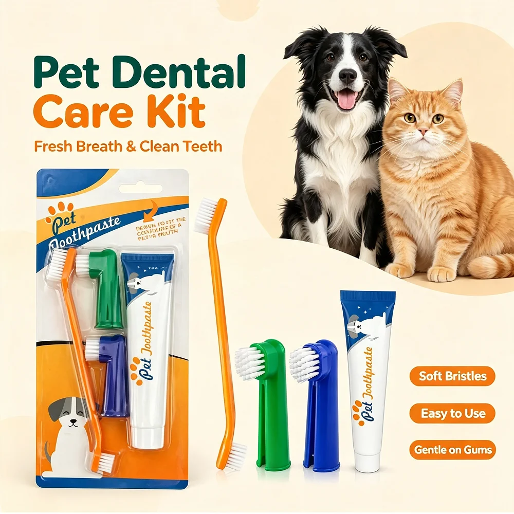 Dog Toothbrush Toothpaste Kit Beef Vanilla Pet Toothpaste Dual Head Toothbrush Tooth Brushing Pets Dental Care Set for Dogs Cats