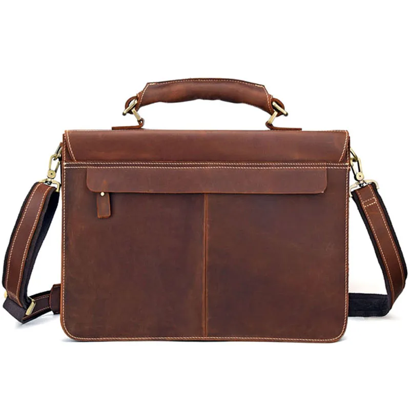 Maleta de couro retrô de grande capacidade masculina, bolsa de laptop, pele de cavalo louco, bolsa de mensageiro de computador, 15"