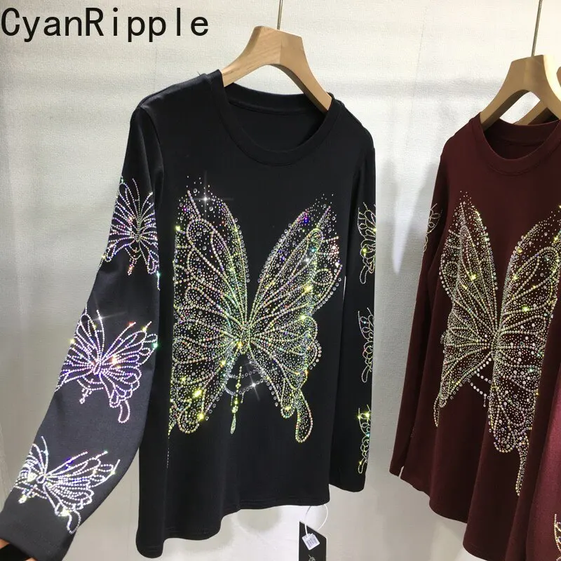 Luxury Butterfly Hot Diamonds Long Sleeve Women T-shirt Oversize Round Neck Pullover Top All-match Autumn Winter Basic Shirts