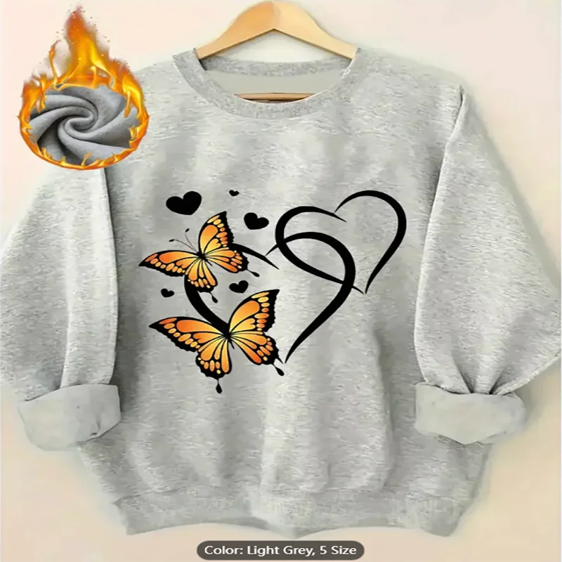 

Womens Sweatshirt Butterfly Heart Graphic Print Fleece Lined Casual Oversized Pullover Top Romantic Style Pure Cotton Comfort