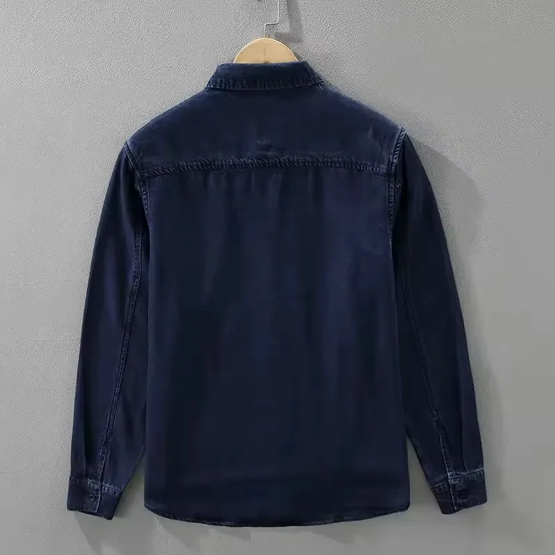 2026 Spring Autumn New Lyocell Long Sleeve Vintage Men's Jeans Big Pocket Turn-down Collar Streetwear