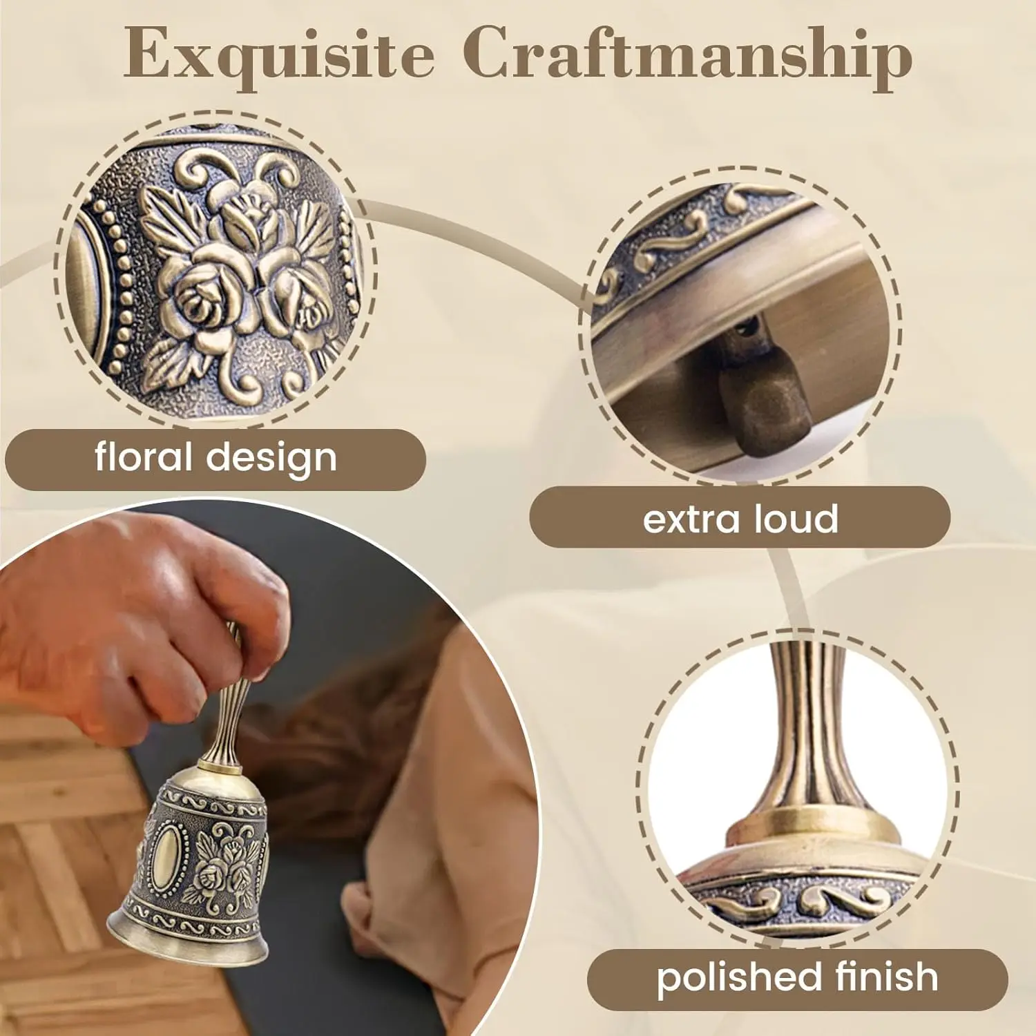 Handglocke, Messing-Rufglocke für Nachttisch, Abendessen, Hochzeit