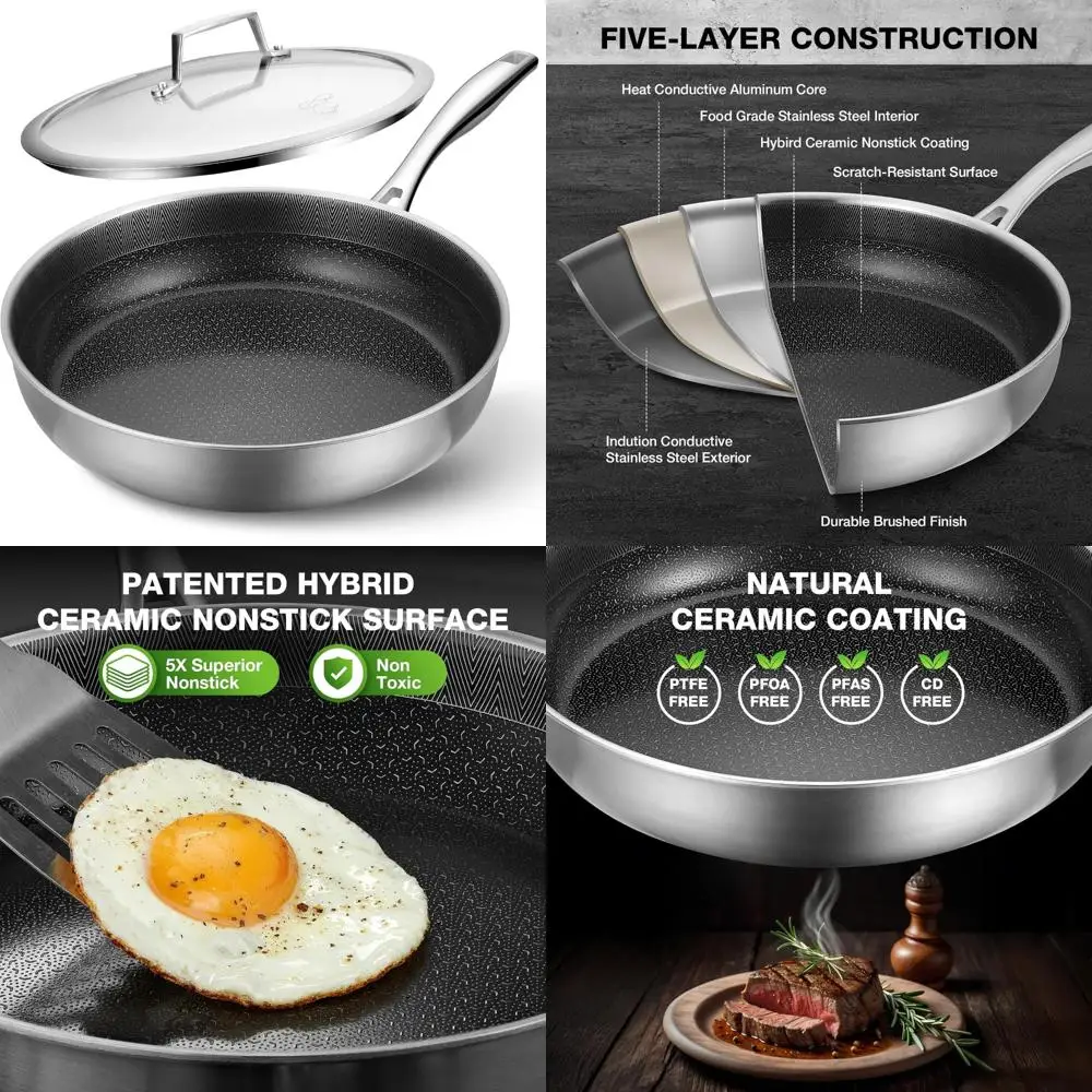 

12 Inch Stainless Steel Hybrid Nonstick Frying Pan with Ceramic Coating, Oven Safe Chef Skillet, Induction Compatible, PFA-Free