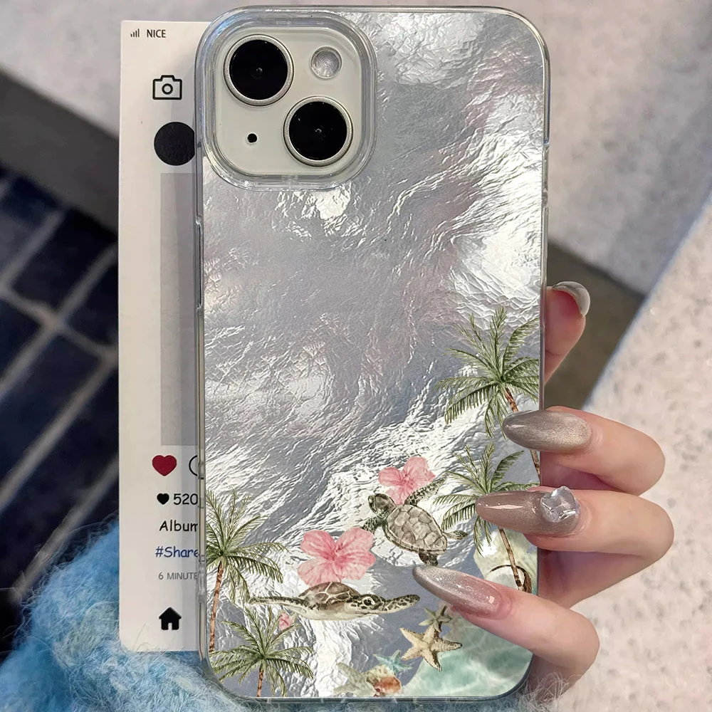 Coque de téléphone antichoc rigide texture glacier tortue marine pour iPhone 17 Pro Max 16 14 15 13 Pro Max 12 11 Pro Max 7 8 Plus X