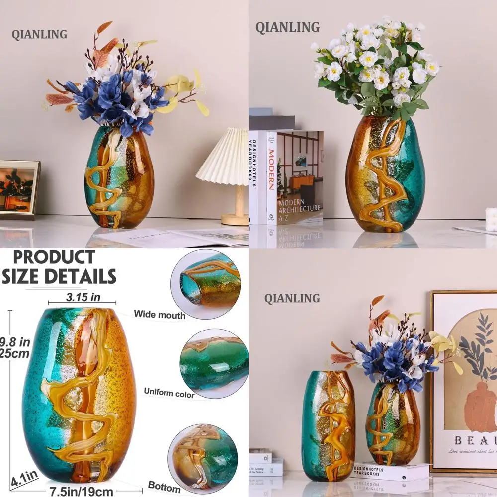 

Hand Blown Colorful Glass Vase - Modern Decorative Vase for Home, Weddings, Centerpieces, Living Room, Kitchen, Dining, Bedroom