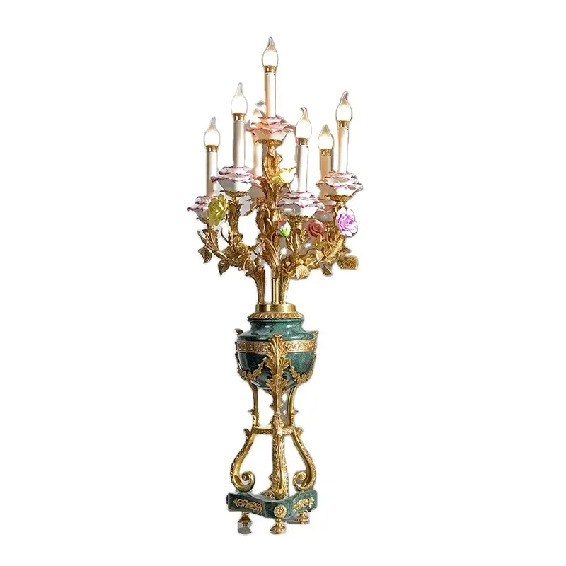 

Luxury cast gold copper ceramic floral sculpture and green marble bottom candle inlaid table lamp lighting