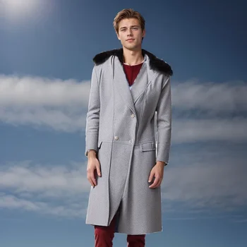 Men's Fur Collar Wool Coat 4 European and American Men's Casual Woolen Coat for Autumn and Winter, Young Men's Double-breasted Fur Collar Overcoat S-5XL 4