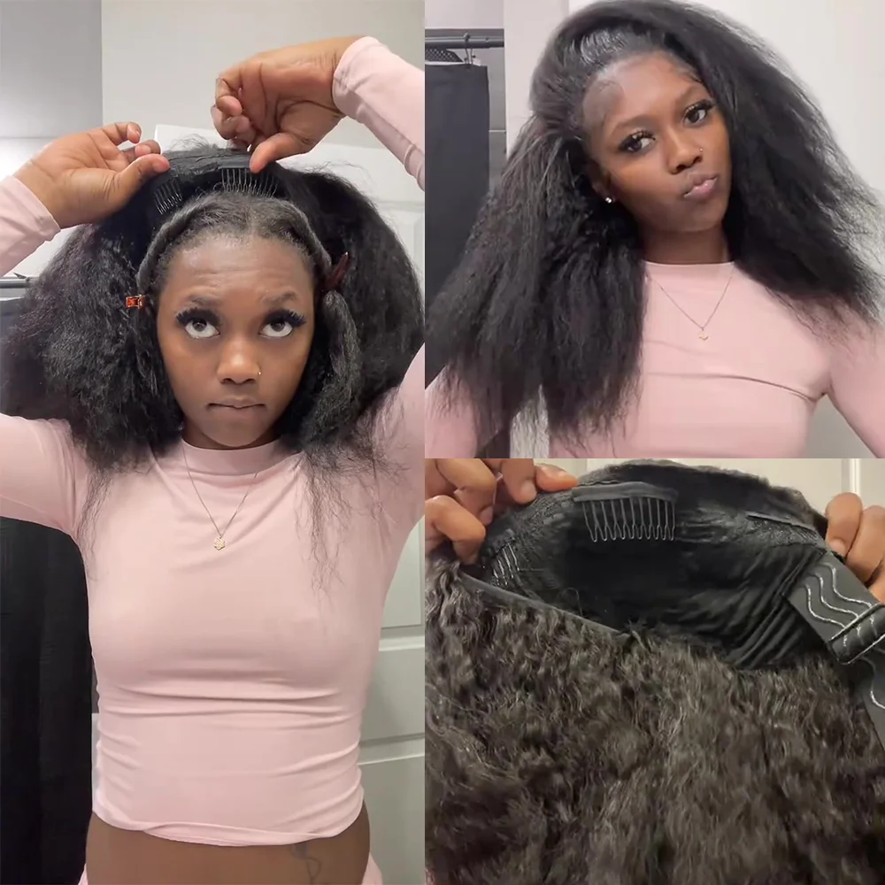 

Half Wigs Yaki Straight 220% density Human Hair Kinky Straight Wig Seamless Clip In Half Wig with Drawstring Beginner Friendly