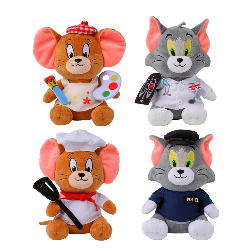 Peluches de Tom y Jerry de 20 cm, Serie Profesiones: Chef, Pintor Jerry Mouse, Doctor, Policía Tom Cat, Animales de Peluche Coleccionables