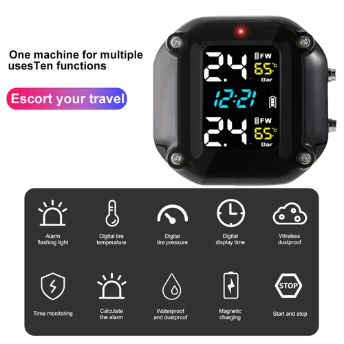 Imagen 2 del producto Sensores de presión de neumáticos de motocicleta Moto TMPS con pantalla colorida sistema de monitoreo de presión de neumáticos Sensor externo de neumáticos de 2 ruedas