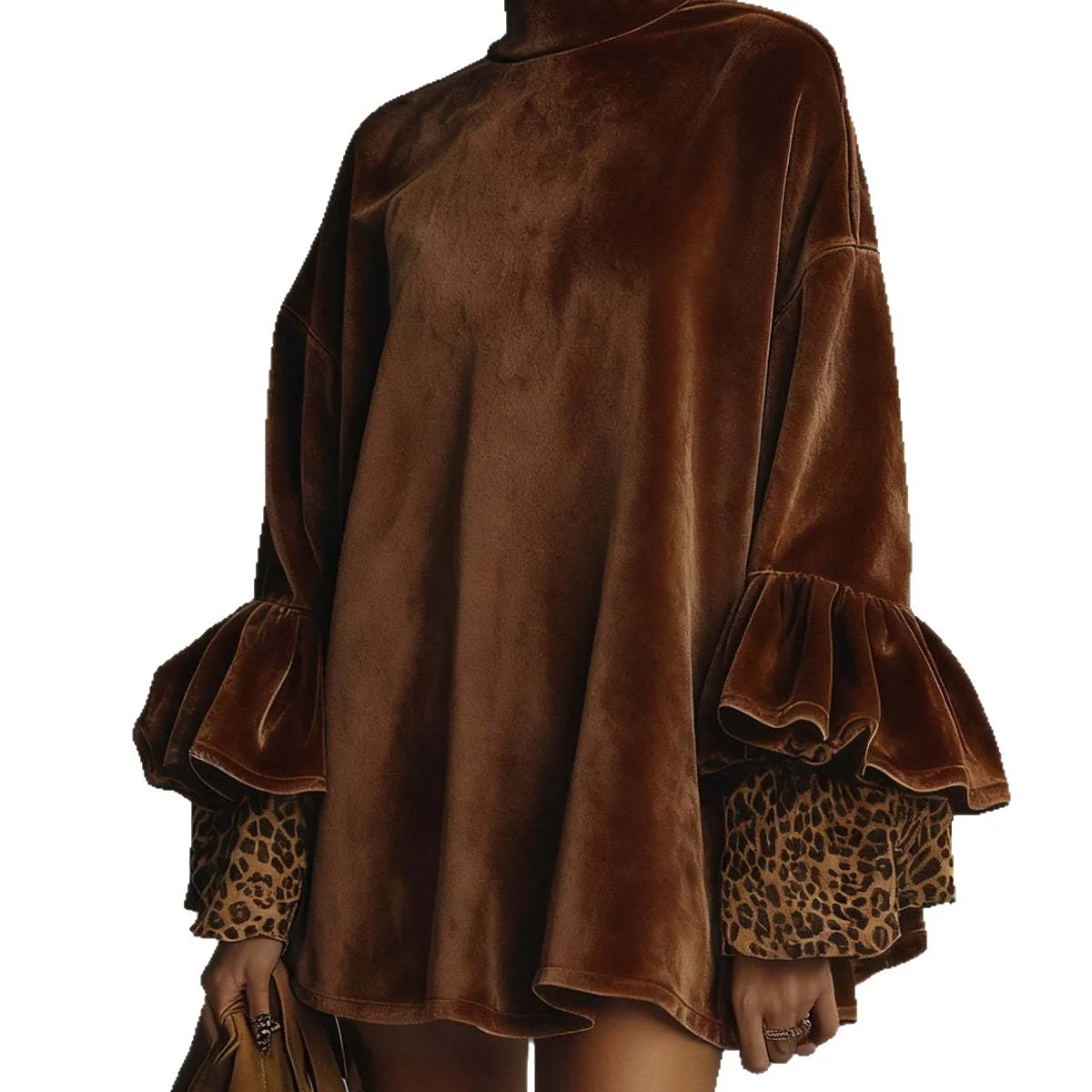 2025 New Fashion Printed High Neck Long Sleeve Dress Women Winter Casual Loose Leopard Print Home Mini Dresses For Women