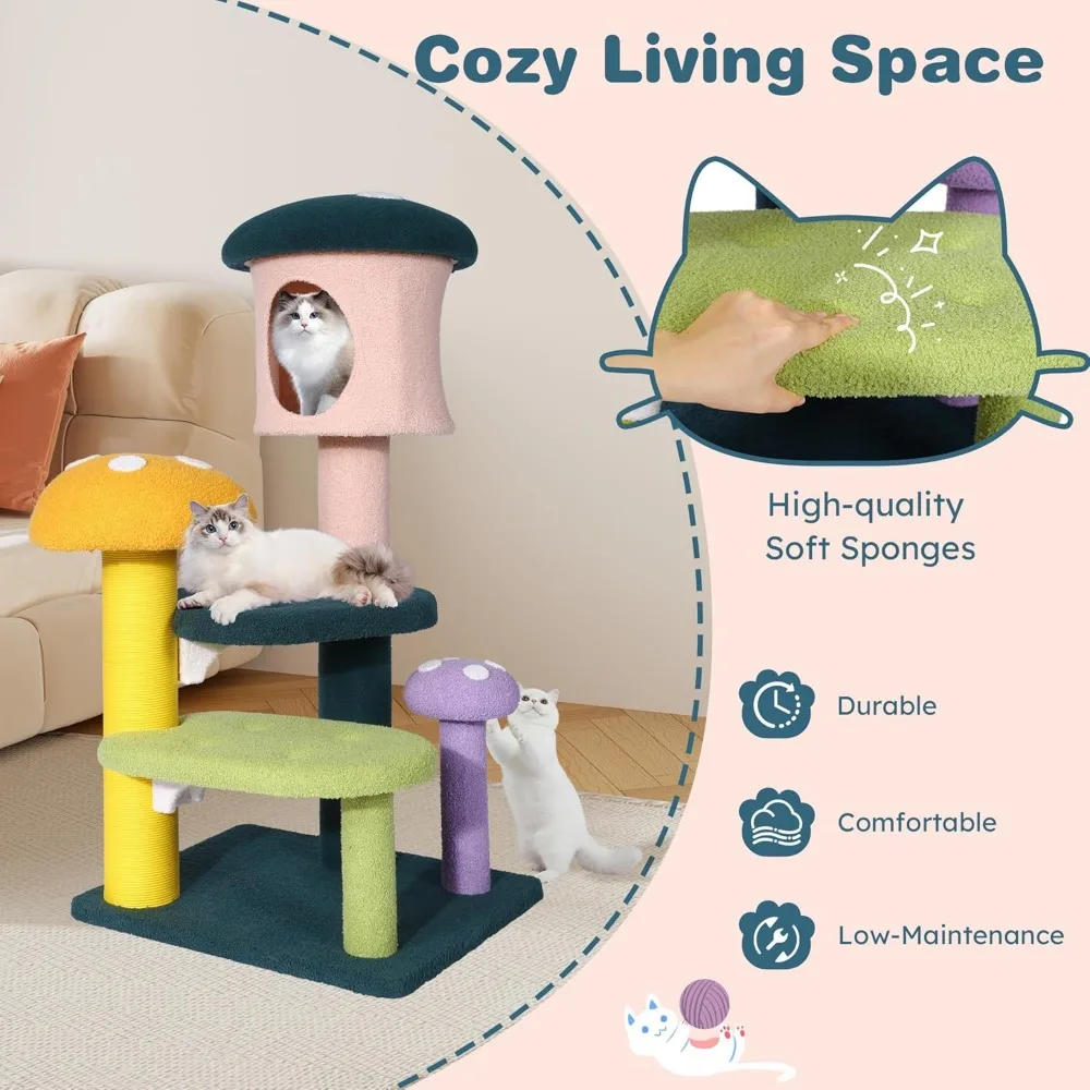 "multi-level sisal-wrapped cat tower with scratching posts and interactive balls for engaging play"