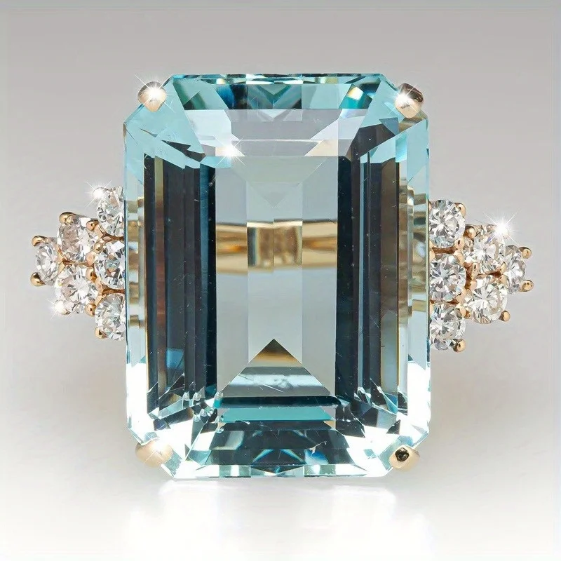 Anillo de lujo hipérbole para mujer, anillo de fiesta de cóctel con enorme circonita cúbica azul cielo, ajuste de punta, regalo de San Valentín para esposa, 1 ud.