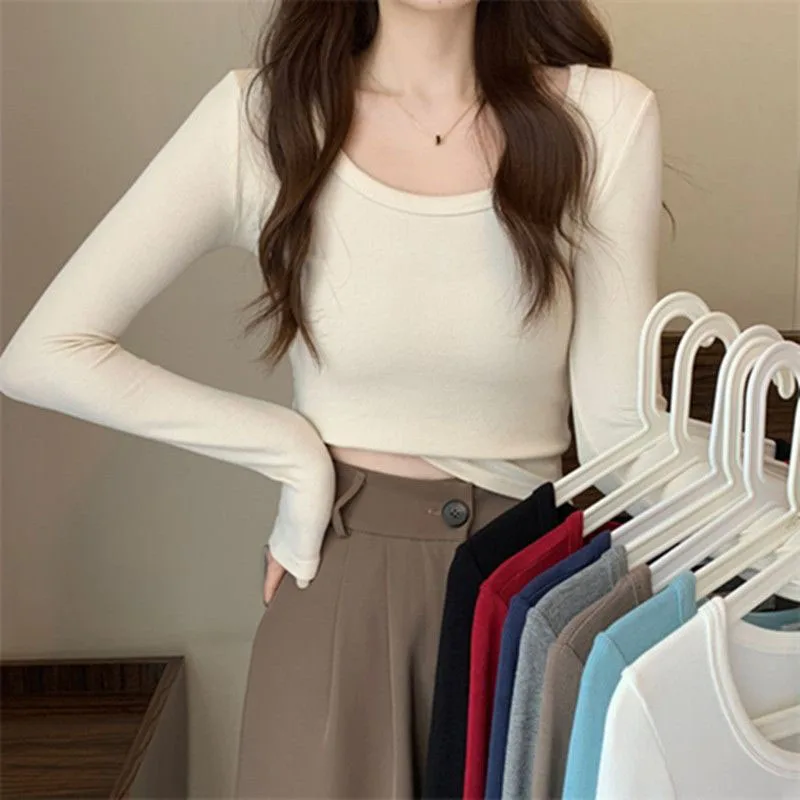 Women Solid Long Sleeve T Shirt Women Autumn New Flattering Trendy Versatile All Match Korean Stretch Thermal Concise Top