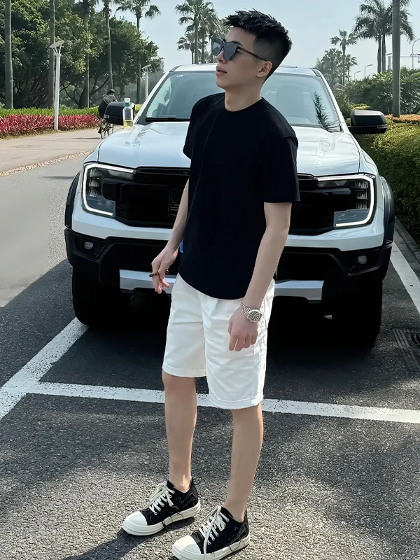 

Белые прямые джинсовые шорты мужские с высокой талией, облегающие, средней длины, повседневные, модные, брендовые, летние