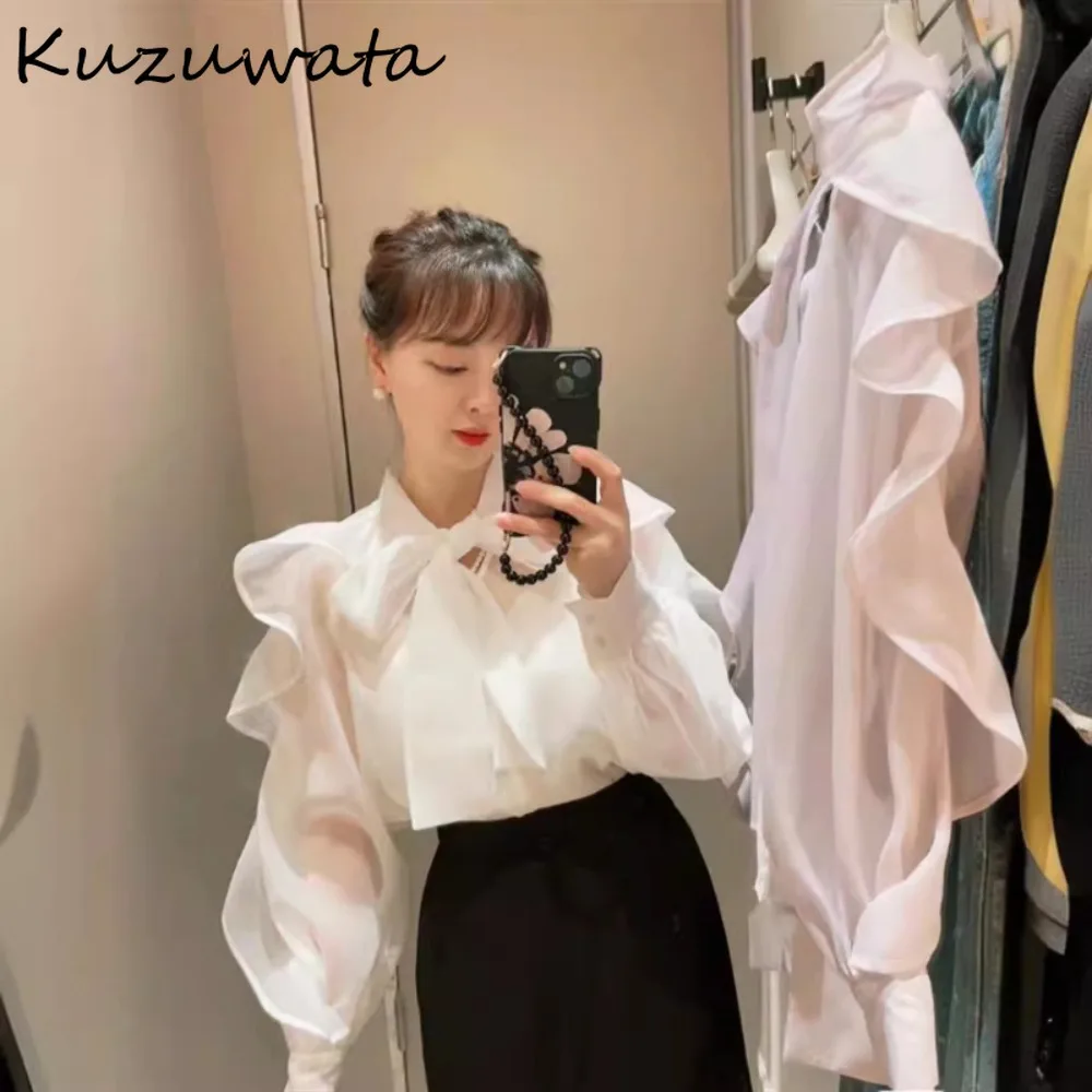 Kuzuwata Sweet V Neck Butterfly Sleeve Print Shirt Voile Elegant Lace Up Bow All-match Blouses Japan French Style Fungus Blusas