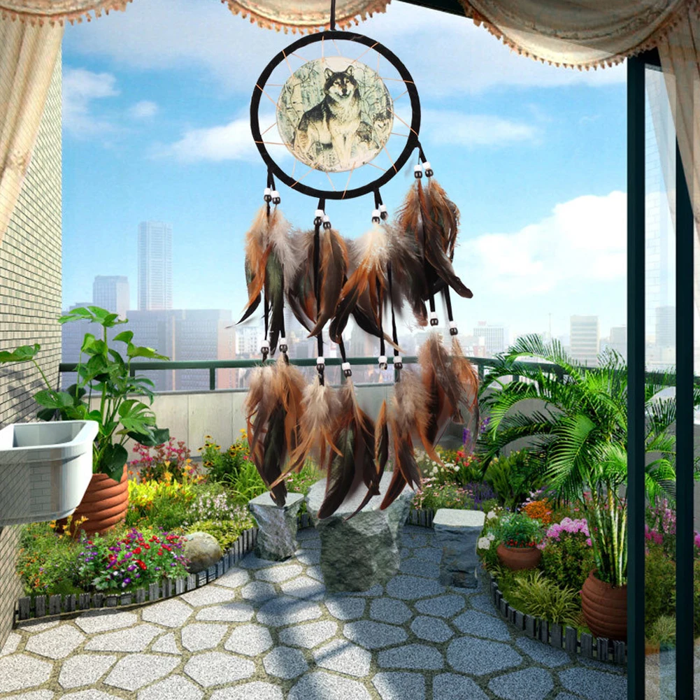 Wolf Totem Household Decorations Ornaments Props Hanging Circle Dream Catcher Crafts with Feather Bead Automobile Accessories