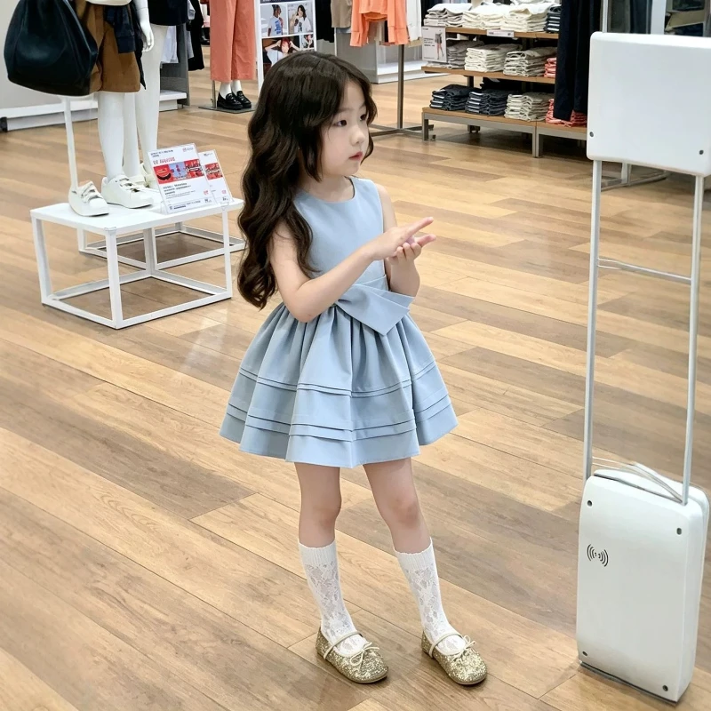 2026 Summer Children's New High-end Design Blue Sleeveless Bow Pleated Vest Skirt