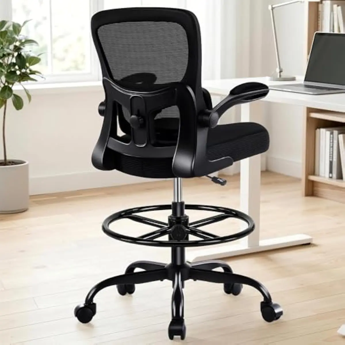Ergonomic Drafting Chair with 3D Mesh Back and High-Density Foam Seat • Adjustable Height Foot Ring • Flip-Up Armrests • SGS-Cer