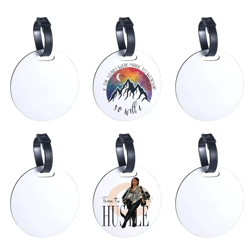 Free Shipping 10pcs/lot Double Sided round PU Sublimation Blank Travel Luggage Tags With Strap For DIY Identify Label