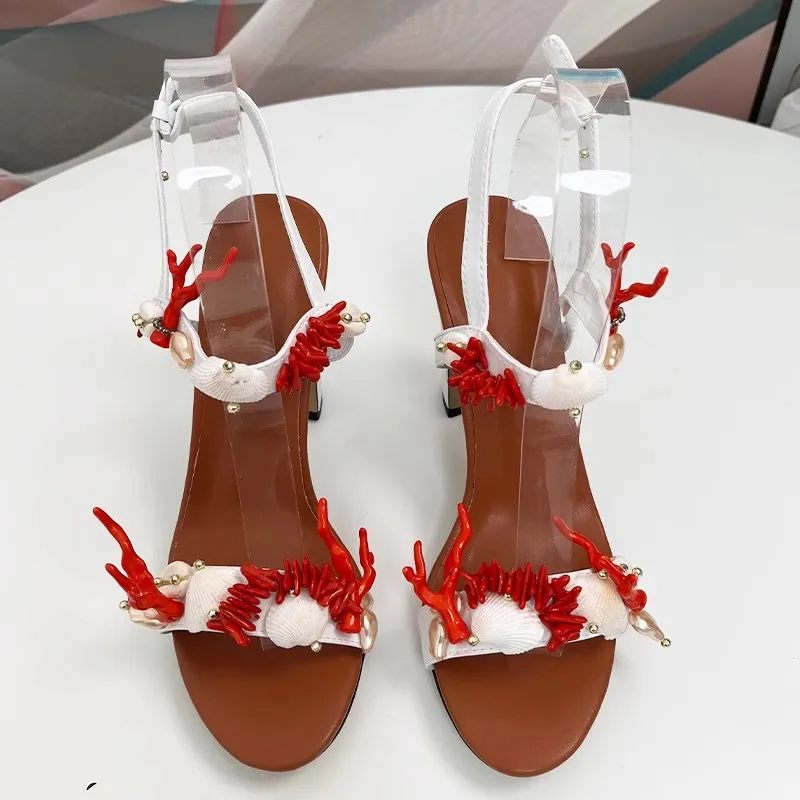 

Coral Shell Strap Thick High Heels Sandals for Women 2025 New Summer Open Toed High Heels Fashion Dress Shoes Big Lady Size 43