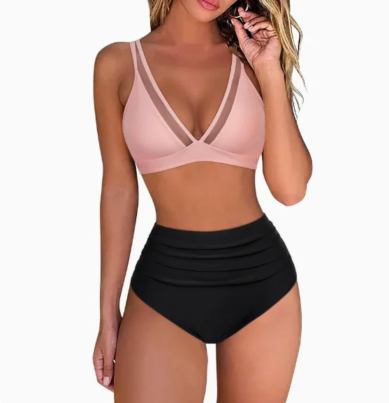 

2026 Women's New High-Waisted Bikini: Mesh-Stitched Sexy Backless Pleated Swimsuit with European & American Style