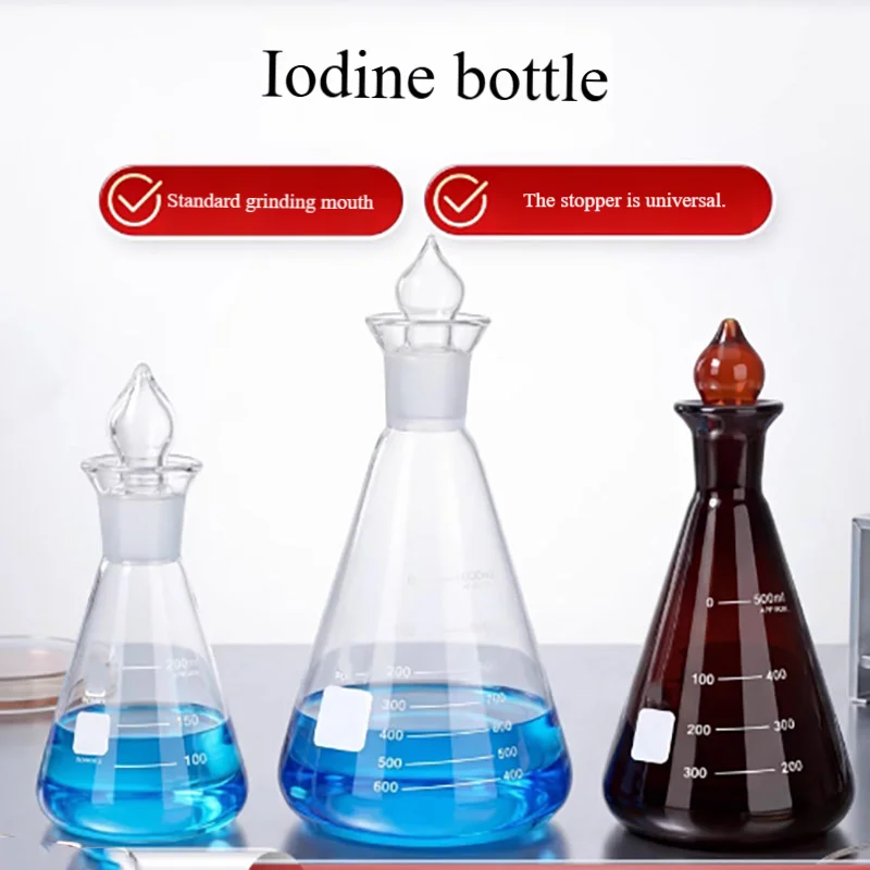 Glass stoppered triangular flask with stoppered triangular conical flask with standard mouth resistant to high temperatures