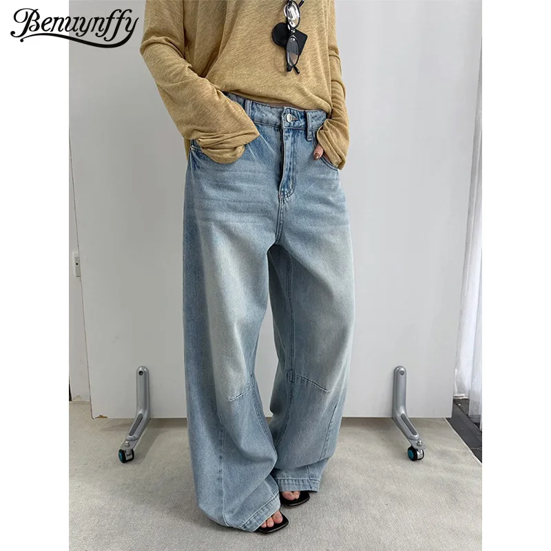

Benuynffy Streetwear Mid Waisted Casual Baggy Jeans Women 2026 Spring New Korean Fashion Vintage Washed Denim Wide Leg Trousers