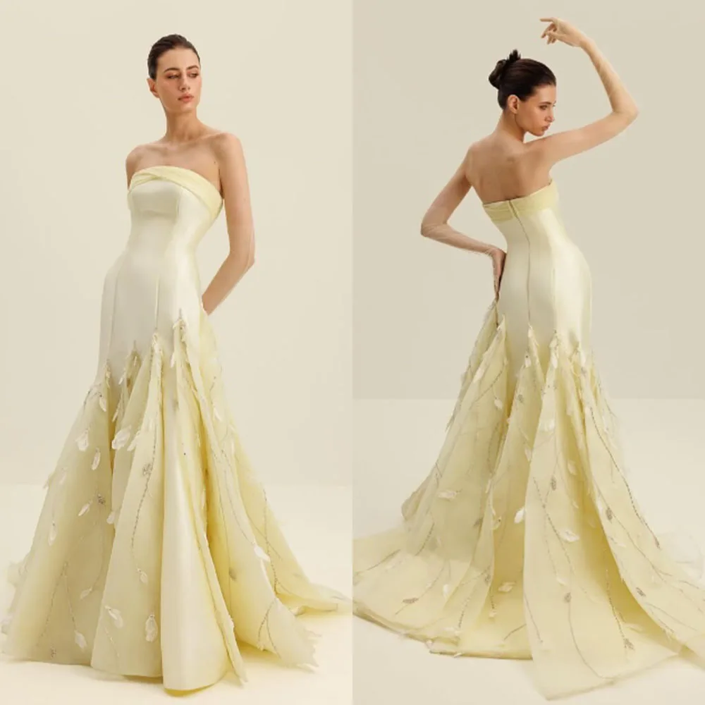 

High Quality Customized Zipper Up Appliques Beaded Feather Sweep Train Yellow Strapless Sleeveless Backless A-line Women Dresses