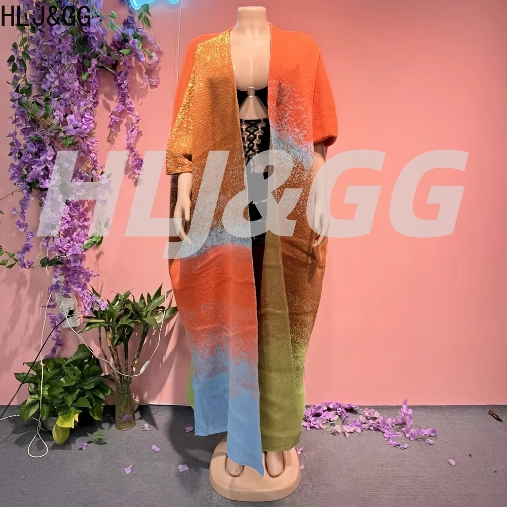 

HLJ&GG 2026 Cardigan Sweaters Thick Patchwork Elegant Lady Outwear Women Open Stitch Knit Coats Loose Casual Print Long Coats