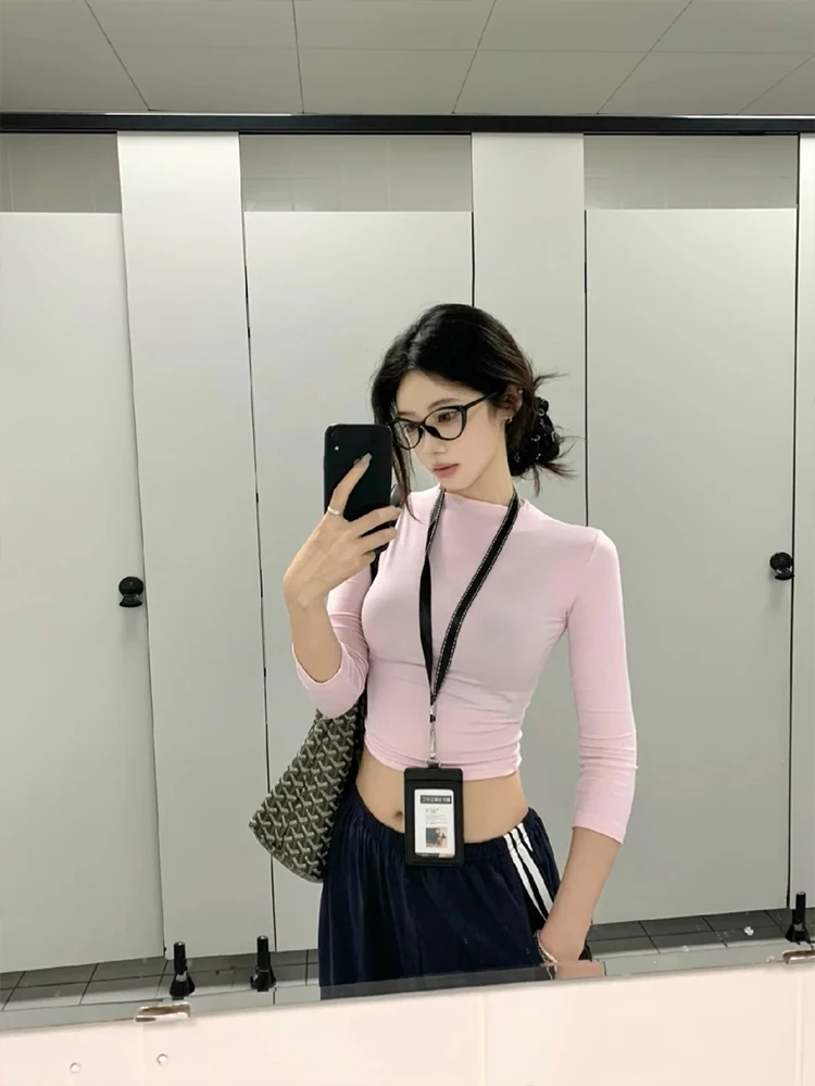 Sexy Pink Slim Fit ort Sve T-irt Women's Summer High Collar Tight Waist ort Length Bodycon Cotton Polyester Blend