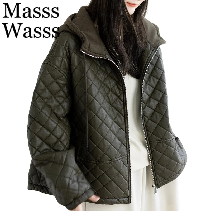 Masss Wasss Winter Quilted Pu Parkas Women Fashion Vintage Faux Leather Coats Ladies Loose Hooded Casual Classic Thicken Jackets