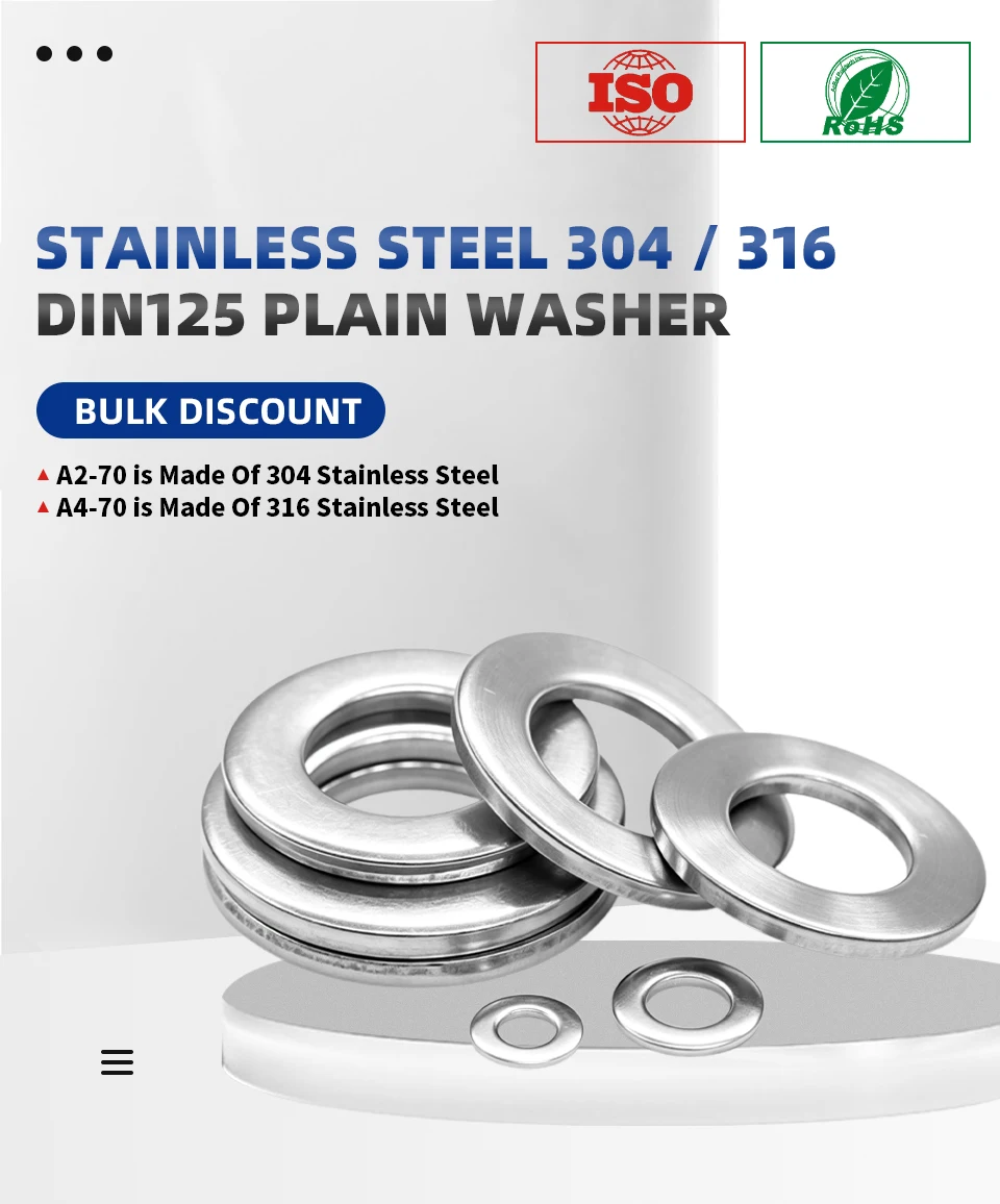 DIN125 Flache Unterlegscheiben 304 316 Edelstahl für Schrauben und Bolzen M2 M2.5 M3 M4 M5 M6 M8 M10 M12 M14 M16 M18 M20 M22 M24 M27 M30 – Detail 1