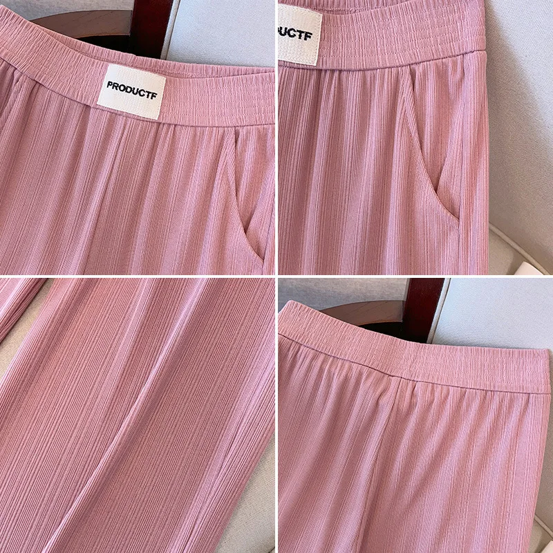 155Kg Plus Size Women's Hip 150-160 Summer Loose Straight Leg High Waisted Ice Silk Croppe Pants Black Pink 5XL 6XL 7XL 8XL 9XL