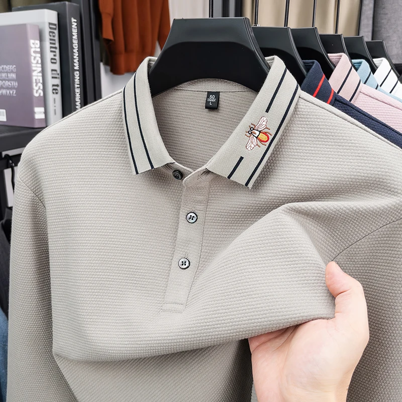 

2026 Light Luxury Fashion 100% Pure Cotton Polo Shirt Men's Long Sleeved Spring New Item Lapel Base T-shirt