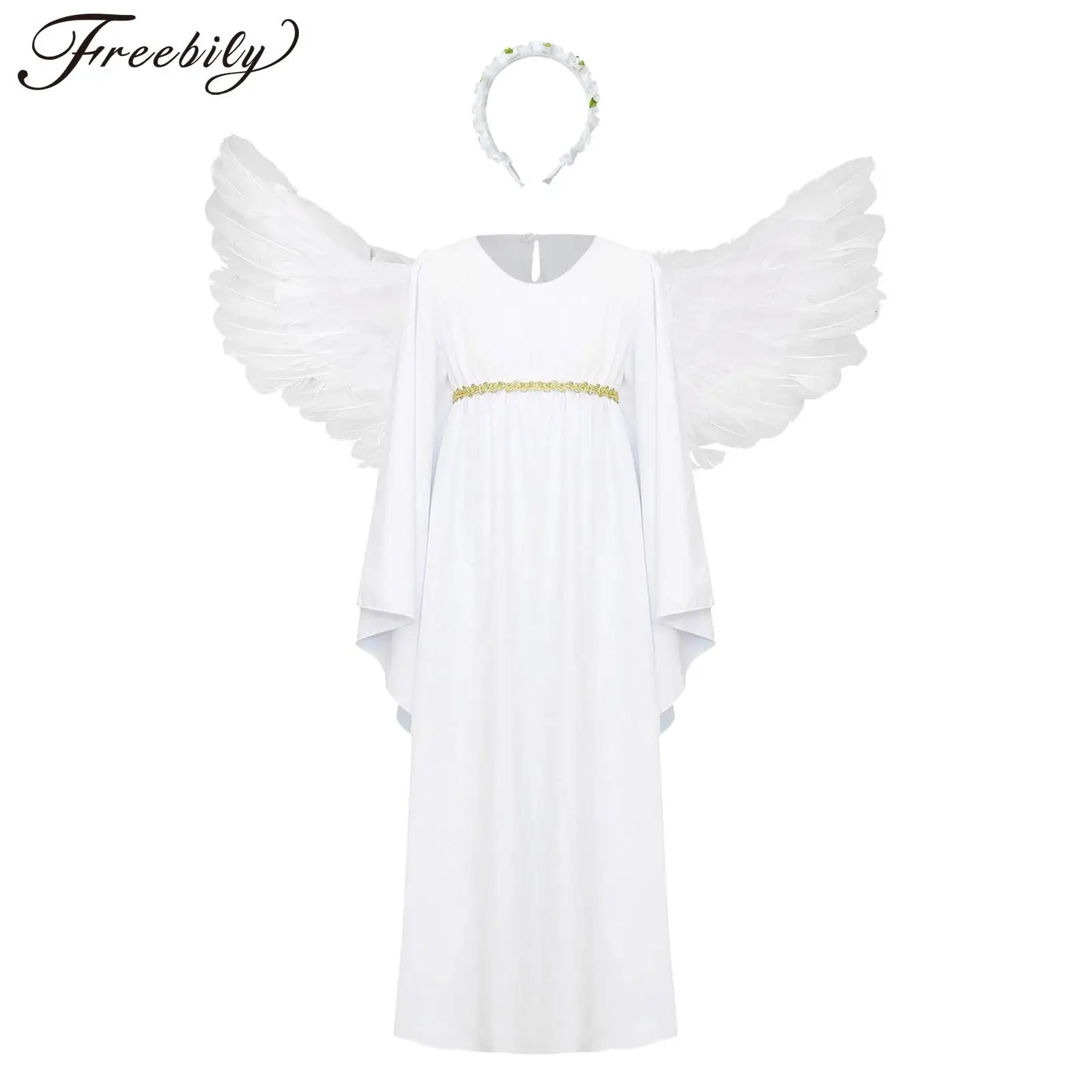 Girls Halloween Angel Devil Cosplay Costume Long Sleeve Dress with Feather Wings Headband for Theme Party Carnival Performance
