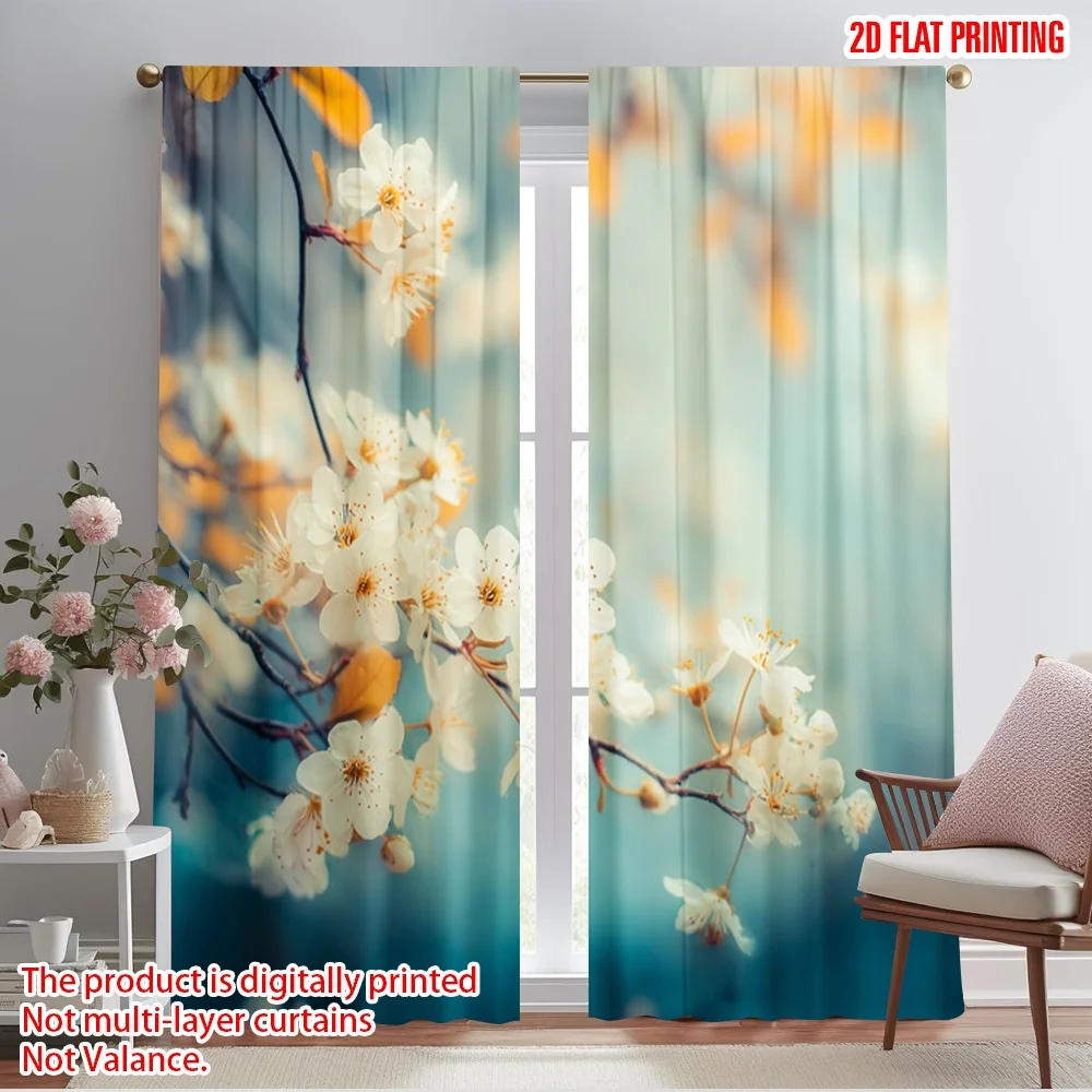 

2pcs 2D flat printing Window Drapes White Flowers Branch Nature Polyester Without Electricity Family Party Use for Living Room