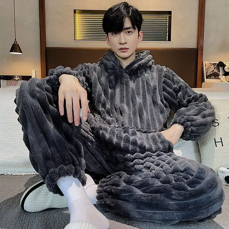 Pajamas Male New Style Flannel Autumn Winter Intensification Gentleman Loose Hooded Coral Fleece Loungewear Set Men Pajamas