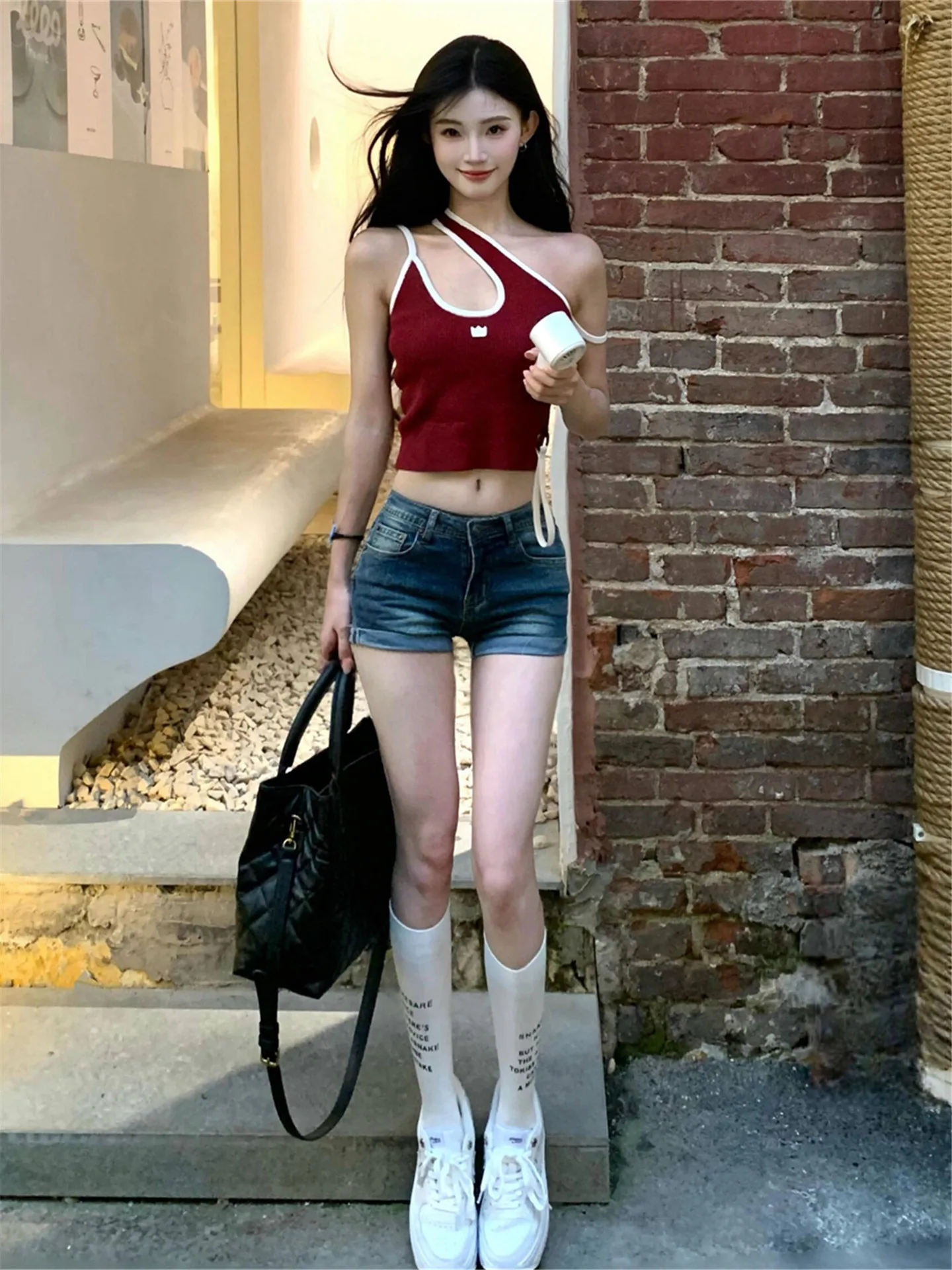 Low Waist Cuffed Denim Shorts Women's Summer Slimming Elastic Hot Pants American Street Style Retro Washed Cotton Jeans Shorts