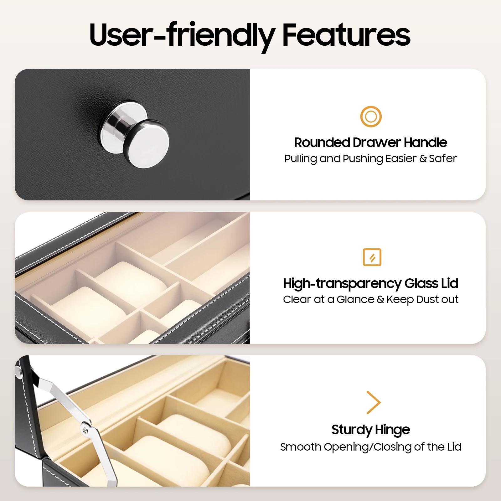2-Tier Watch & Eyeglasses Storage Box 6 Watch Slots + 9 Glasses Compartments Retro Lockable Organizer with Glass Lid