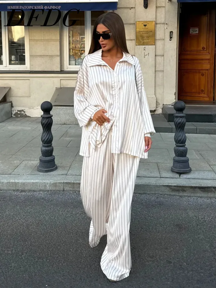 

DFDG Women's Spring Summer Lapel Striped Oversized Shirt Wide Leg Pants Set Casual Date Wear 2026 Trendy Feminine Fashion Set