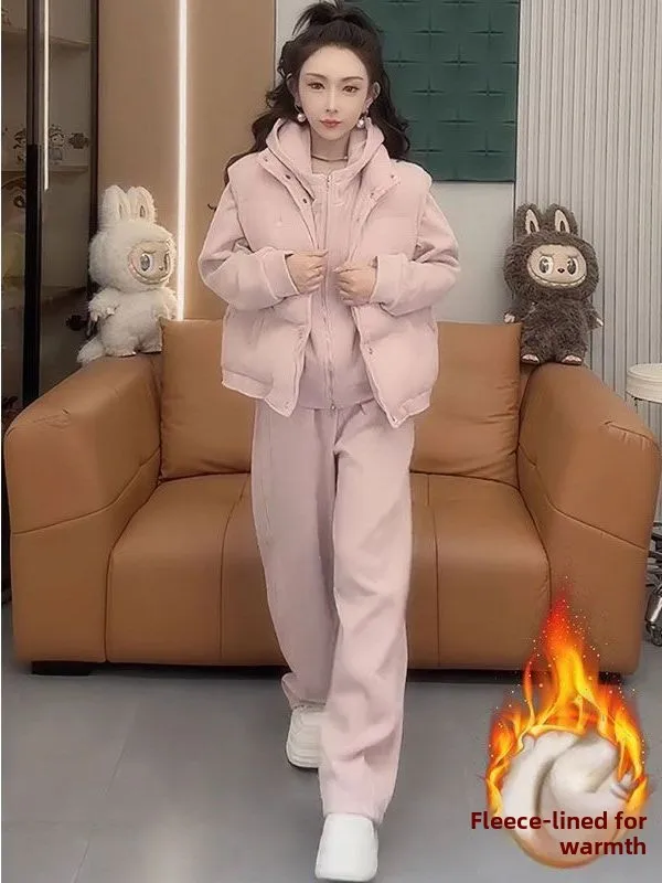 

Свободный зимний свитшот, брюки с высокой талией, жилет, комплект для женщин больших размеров, теплый повседневный костюм из трех предметов для осени и зимы