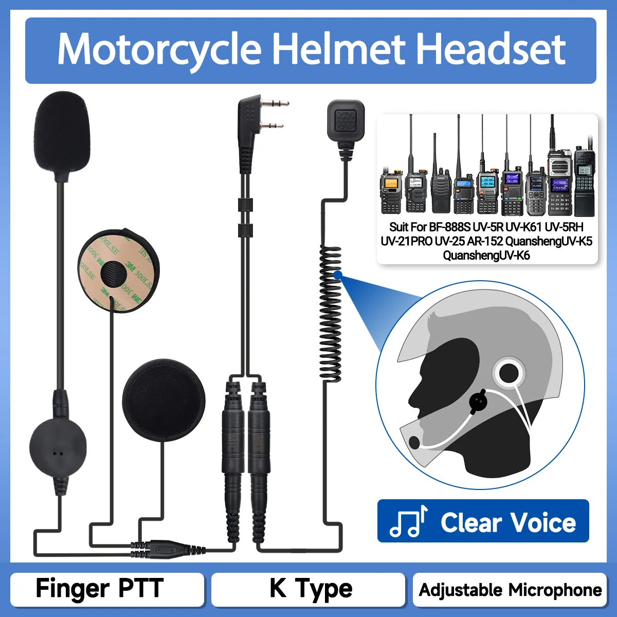 

ABBREE шлем гарнитура 2-контактный K тип палец PTT мотоциклетные наушники для Baofeng UV-5R BF-888S UV-5RH UV-21 PRO AR-152 любительская радиостанция