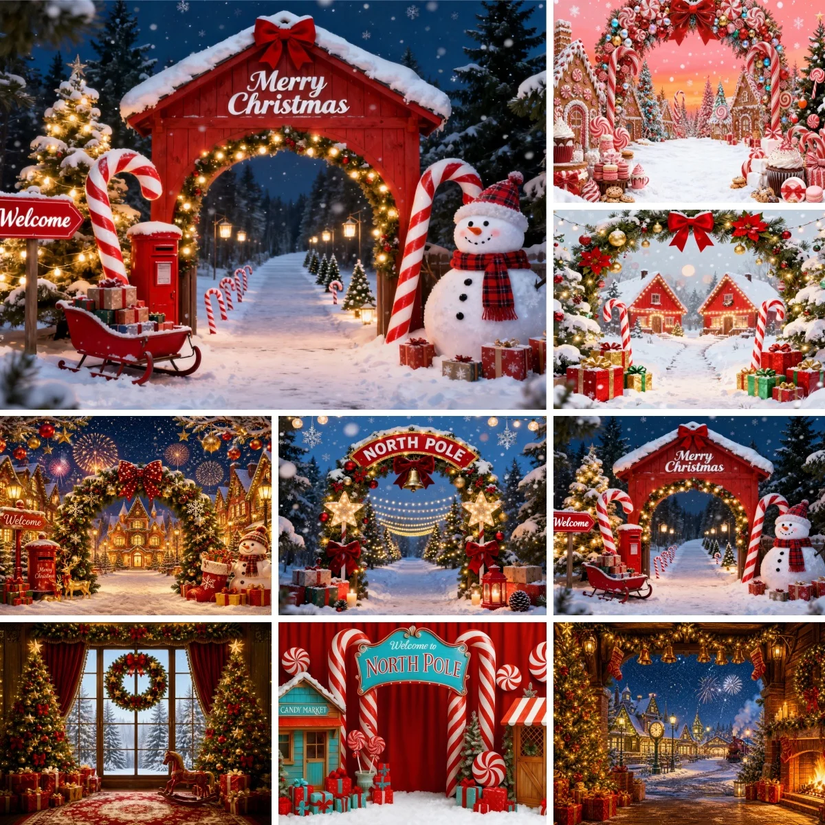 Merry Christmas Backdrop Arch Candy Cane Snowman Photography Background Family Portrait Festival Decor Backdrop Photo Studio