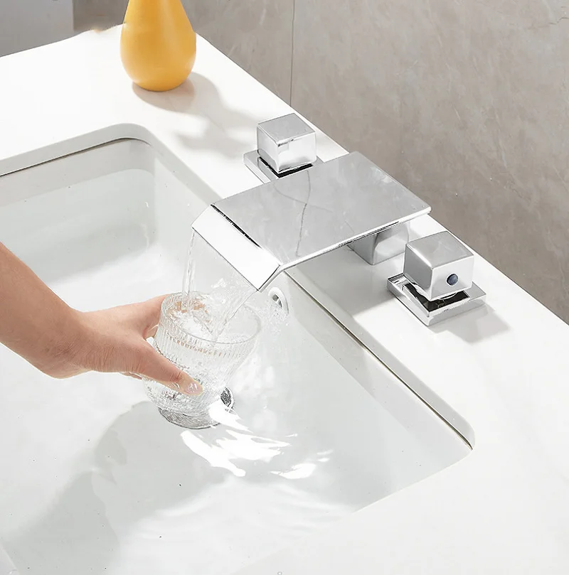 

Modern Matte Black Waterfall Bathroom Basin Faucet Widespread Bathtub Faucet 3Hole Double Handle Hot Cold Mixer Crane Deck Mount