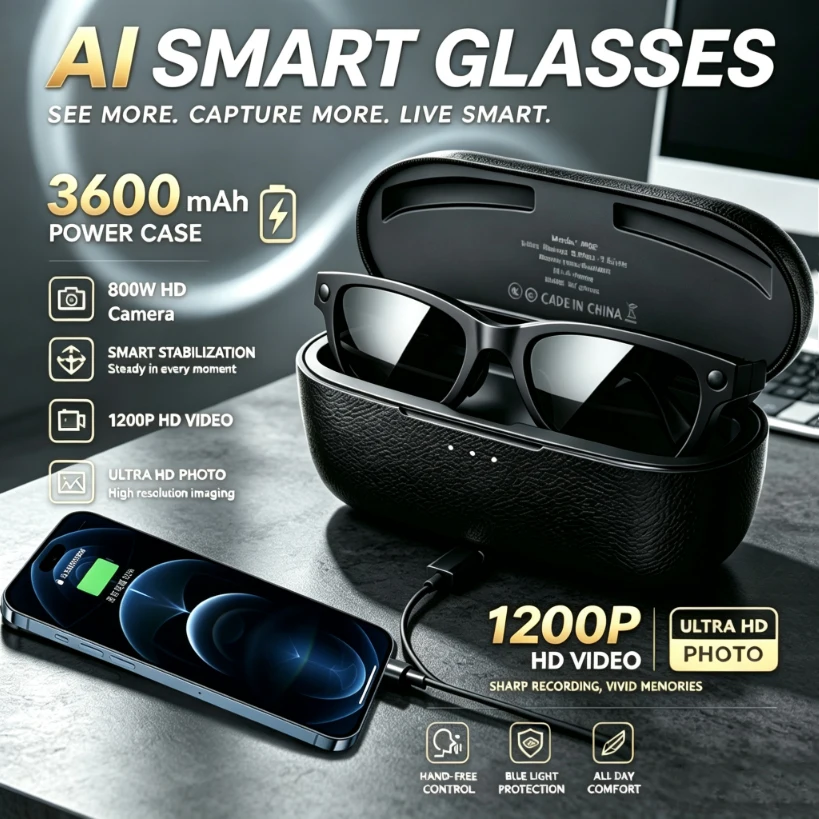 New 800W HD Camera Smart Glasses 3600 Large Capacity Battery Box 1080P Taking Pictures 32GB Memory AI voice Music Smart Glasses