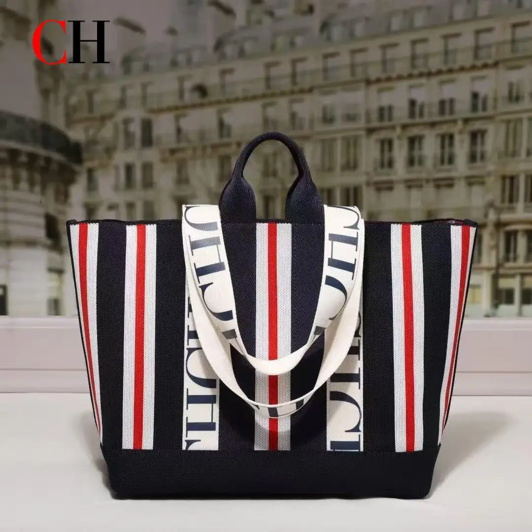 CH Women's Tote Bag Simple Stripe Design Women's Shoulder Bag Letter Print Large Capacity Commuter Style Classic Ladies Crossbod