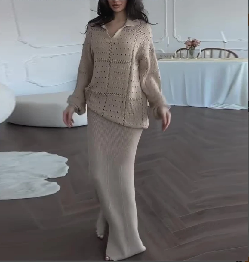 

Solid color hollow top slim knit long skirt two-piece set